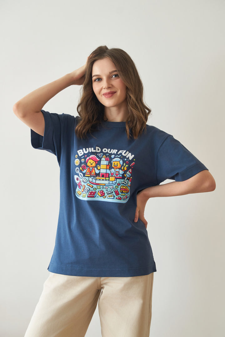 Unisex Navy-Blue Cotton Graphic Tees - Build Our Fun